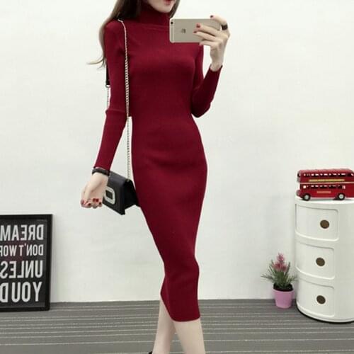 Long Turtleneck Sweater Dress Warm Women 2018 Autumn Winter Long Sleeve Sheath Pullovers Warm Knitted Sweater Dress Elastic