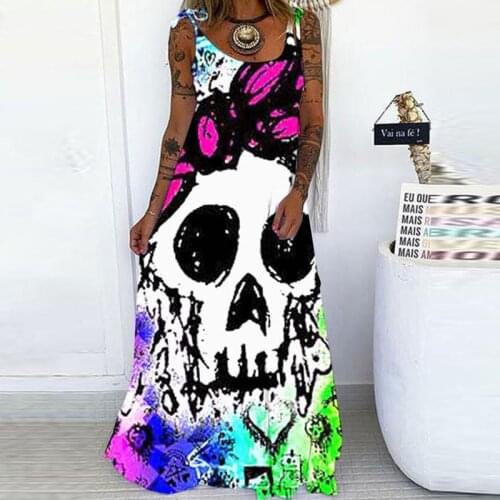 Summer Women Off Shoulder Maxi Dress Casual Punk Skull Print Sling Long Party Dress Fashion Sleeveless O Neck Loose Beach Dress