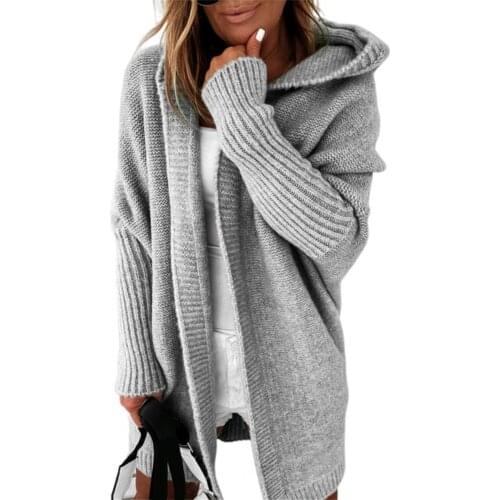 Casual Women Cardigan Sweater Solid Color Batwing Sleeve Autumn Winter All Match Patchwork Hooded Coat for Daily Wear Black