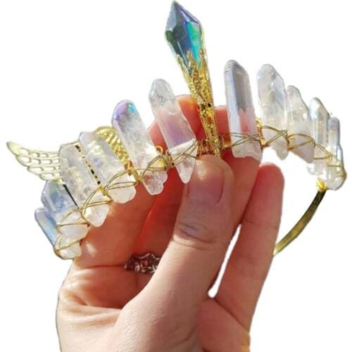 Handmade Colorful Raw Crystal Quartz Crown Headband Vintage Metal Angel Wing Goddess Tiara Halo Hairband Antique Wedding