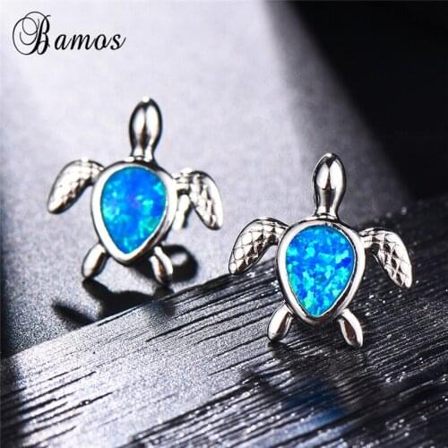 Bamos Turtle Stud Earrings Funny Animal Earrings Blue/White Opal Earrings Silver Color For Women Wedding Jewelry