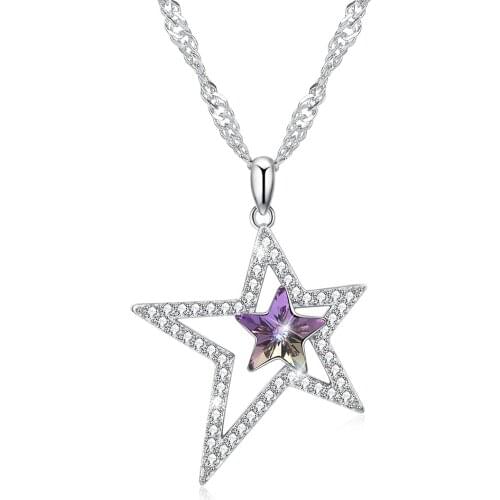 SILVERHOO Sterling Silver 925 Jewelry Irregular Size Star Necklace For Women Colorful Austria Crystal Pendant Necklaces New