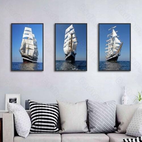 Modern Decorative Painting Set Sail, Simple Living Room Decoration Sofa Background Wall Frameless Triptych Canvas Mural