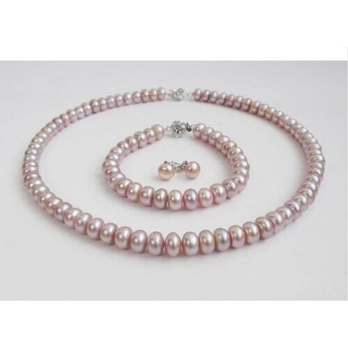Wedding Woman Jewelry Set Purple Pearl 9-10mm AAA Natural Freshwater Pearl Necklace Bracelet Earring Rose Flower Clasp Free Box