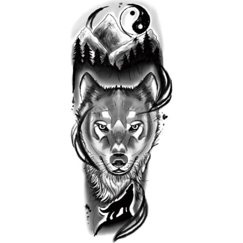Mountain Forest Waterproof Temporary Tattoo Sticker Black Wolf Animal Tai Chi Fake Tattoos Flash Tatoos Arm Body Art Women Men
