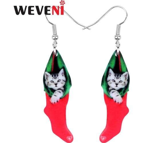 WEVENI Acrylic Christmas Short Hair Cat Sock Earrings Drop Dangle Animal Pets Jewelry For Women Girls Teen Party Gift Decoration