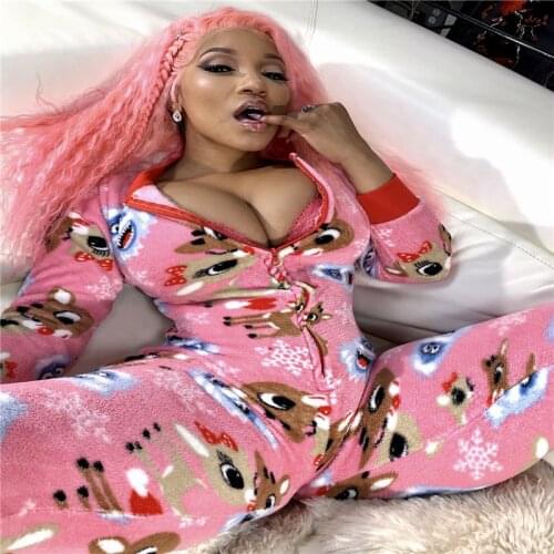 Women Christmas Outfit Playsuit Winter Fall Clothes Cartoon Deer/Snowman Print Long Sleeve Casual Jumpsuit Zipper Open Plus Size