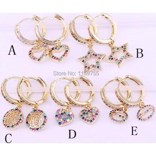 6Pair Gold color charm heart/star/round shape dangle earring for women girl, New Fashion rainbow CZ jewelry