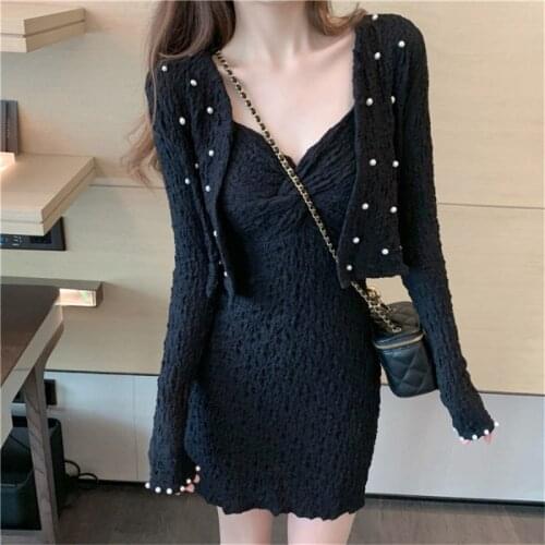 White and black pearl beaded spaghetti dress womens 2020 new high waist French short dress and short cardigan 2pcs set