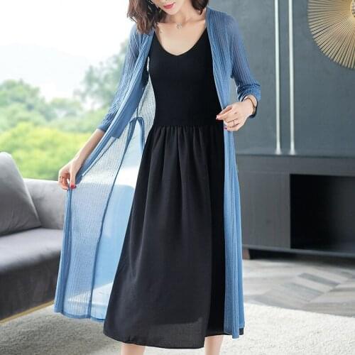Women summer plain long linen coat knit patchwork with chiffion cardigan elegant lady loose sun-protection knitwear free shippi