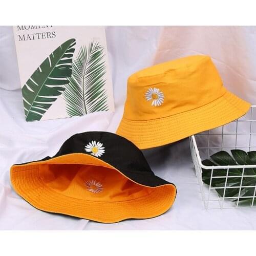 2020 Popular Daisies Fishing Hats Sunscreen Sun Cap Double-Sided Bucket Hat Women Girls Foldable Outdoor Sun Prevent Cotton Cap