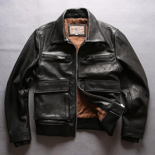 AVIREXFLY 2020 New Men Genuine Cow Riding Leather Jacket Fashion Multi-pocket Cowhide A2 Pilot Jackets Winter Russia Coats