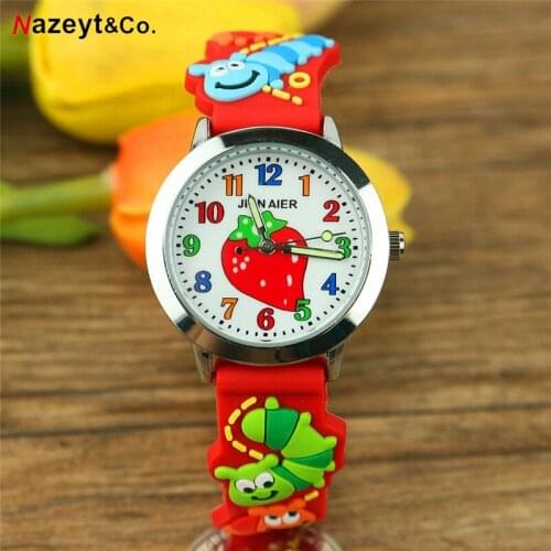 NAZEYT kids cartoon watch little boys girls sweet strawberry face 3D Caterpillar dial silicone strap quartz clock