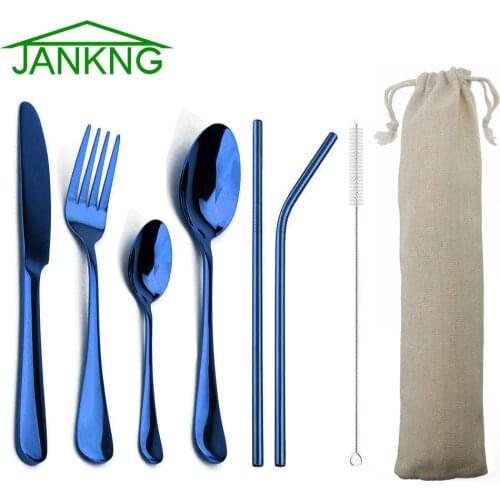 JANKNG 4-Pcs Blue Dinnerware with 2-Pcs Metal Straw Stainless Steel Colorful Tableware Knife Fork Teaspoon Silverware Cutlery