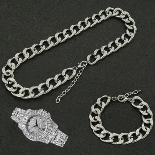 3pcs Kit Hip Hop 16MM Full Iced Out Paved Rhinestone Choker Miami Adjustable Cuban Necklace+Watch+Bracelet For Women Jewelry
