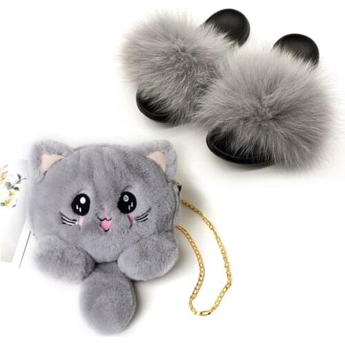 Summer New Furry Women Slippers Fox Fur Slides Cute Cat Plush Sandals Female Home Fluffy Faux Rabbit Hair Bags Set Casual Shoes