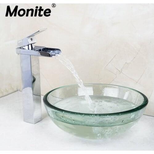 Monite Transparent Tempered Glass Washbasin Lavatory Sink Waterfall Soild Brass Bathroom Basin Mixer Tap Combine Faucet