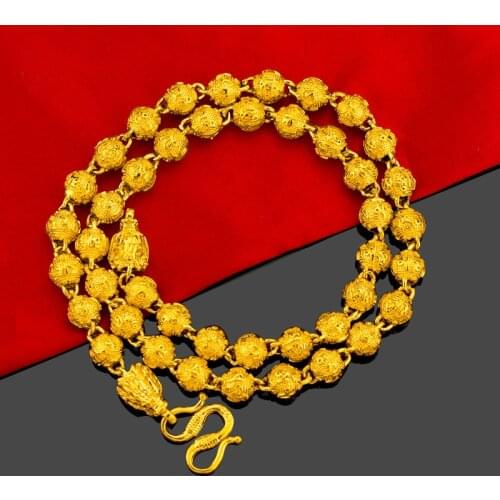 Retro Domineering Frosted Beads Six-Character Mantra Necklace for Mens 24K Gold Dragon Head Design Necklace Male Buddhist Jewelr