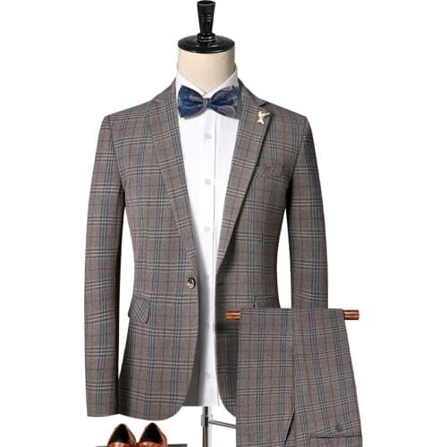 Jackets+Pants) 2021 Men high quality pure cotton business Blazers/Male slim fit plaid Grooms Wedding Dress/Man 2 pieces suits