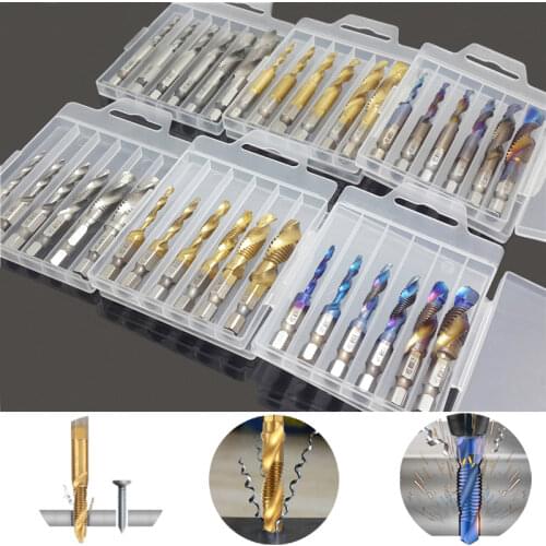 6pcs Set HSS 4241 Hex Shank Spiral Tap Countersink Drill Reamer Titanium Soft Metal Tapping Chamfering Tool Metric M3*4*5*6*8*10