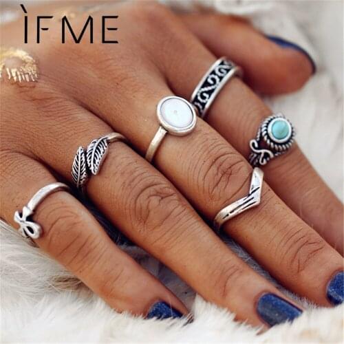 IF ME Bohemian Ring Sets for Women Vintage Silver Color Leaf Cross Shape Opal Blue Stone Punk Finger Midi Knuckle Rings Jewelry