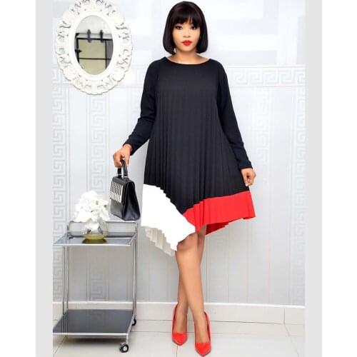 New Arrival Autumn Patchwork A-line Pleated Dresses Women O-collar Long Sleeve High Quality Africaine Femme Daily Mini Vestidos