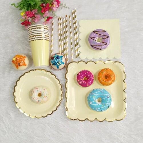 Gold Foil Disposable Tableware Birthday Party Paper Plates Cups Baby Shower Favor Paper Drinking Straws Wedding Party Supplies