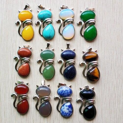 2019 new Fashion High Quality Assort natural stone mix cat shape pendants for jewelry making 12pcs/lot Wholesale free shipping