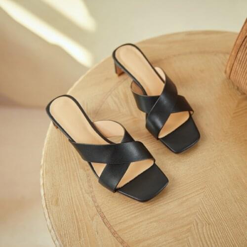 2021 Ladies Genuine Leather Slippers Thick Hgh Heels Footwear Summer Fashion Outside Women Slipper Mules Shoes Size 41 42 43