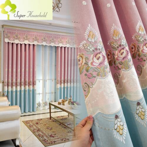 Korean Style Stitching Embroidered Curtains for Bedroom Living Room Blackout Window Decoration Velvet Curtain Fabric Valance