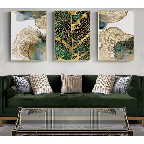 Modern Abstract Canvas Painting Golden Green Leaf Texture Nordic Posters and Prints Wall Art Pictures for Living room Home Decor