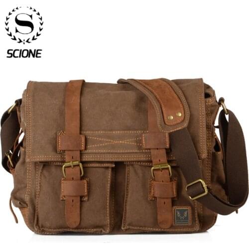SCIONE Mens Messenger Bag Vintage Leather Canvas 2021 Fashion Cotton Canvas Crossbody Bag Men Shoulder Bag Sling Casual Bag