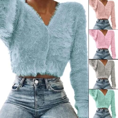 Women Autumn Winter Solid Color V Neck Plush Long Sleeve Button Sweater Top Coat Suitable for events travel perfect gifts