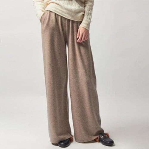 Knitted cashmere pants women new Winter Autumn Warm Fashion lady wide leg casual elastic waist solid color pocket