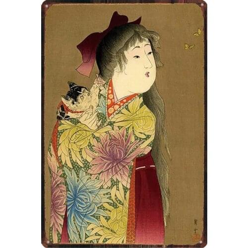 Ukiyoe Japanese Samurai Cat Tattoo Cat Shabby Chic Metal Sign Wall Home Art Restaurant Bar Decoration 30X20CM DU-2384