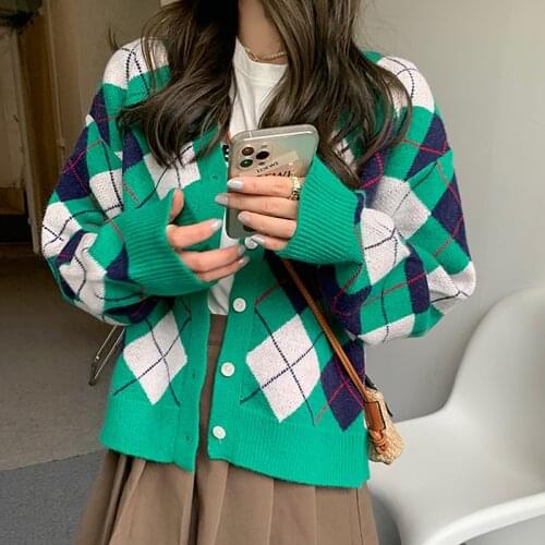 Vintage Argyle Knitted Cardigan Women Long Sleeve Sweaters Kawaii Winter Korean Sweater Clothes pull femme jersey mujer