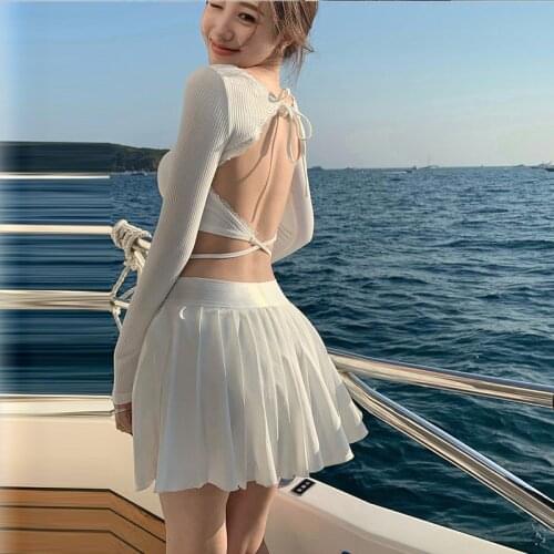 WOMENGAGA T Shirt Womens Summer Tops Tees Sexy Hot Girl Bandage Backless Beach White Long Sleeve Top + Fold Mini Skirt AMA3