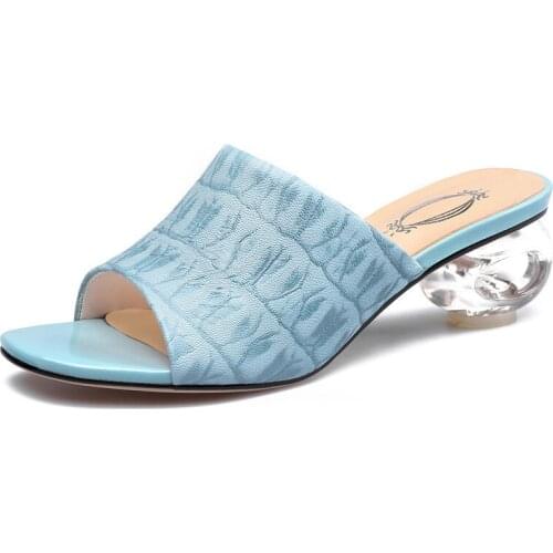 Popular in Europe Genuine leather Slippers women shaped heel open toe crystal Embossing sheepskin womens shoes size 34-43