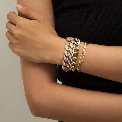 Punk Iced Out Curb Cuban Chain Bracelets Set for Women Hip-Hop Miami Boho Thick Gold Color Charm Bracelet Bangle Fashion Jewelry