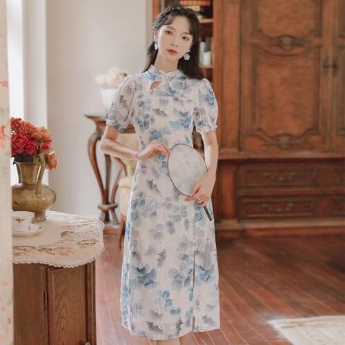 Womens Chinoiserie Printed Elegant Temperament Cheongsam Improved Slim Sexy Dress 2021 Summer Blue Dress Vestido