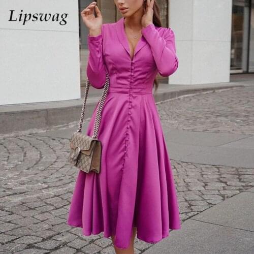 Autumn Long Sleeve Solid Dress Spring Elegant Single Breasted Button A-Line Party Dress Women Sexy V Neck Office Lady Midi Dress