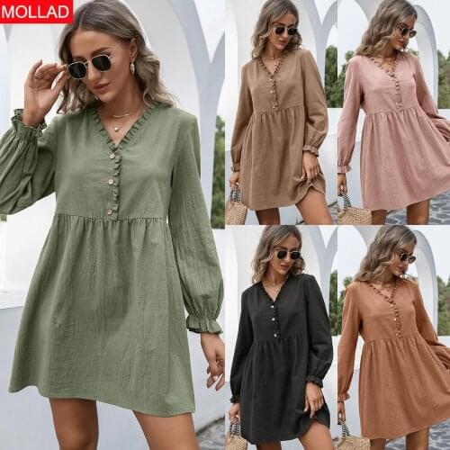 2021 European and American Autumn and Winter Leisure Womens Wooden Ear Ruffle Sleeve V-neck Dress for Women