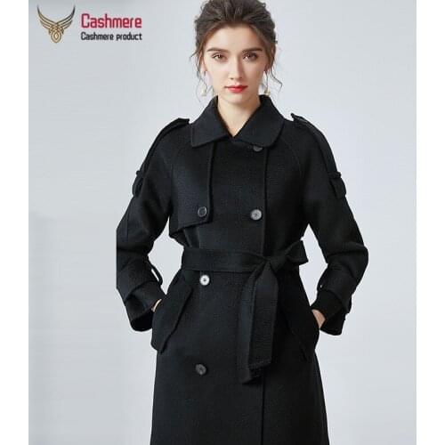 Winter Womens Wool Coat Long Water Ripple Cashmere Coat Womens Autumn Loose Black Coat Double-Breasted Lace-up Fashion Coat