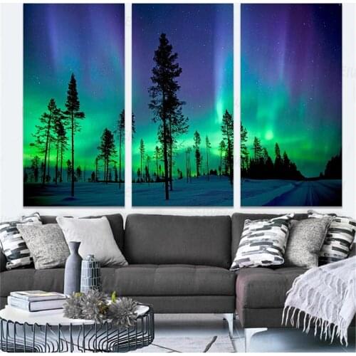 3 Panels Beauty Poster Sky Stars Aurora Borealis Northern Lights Canvas Painting Abisko Wall Pictures for Living Room Decor
