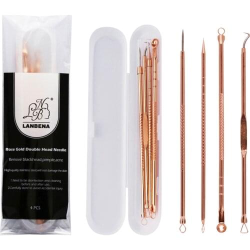 4Pcs Stainless Steel Rose Gold Acne Extractor Remover Kit Blackhead Blemish Remove Pimple Needles Treatment Face Skin Care Tools