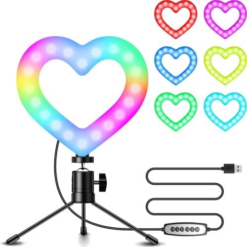 6 Inch Video Light Heart-Shaped LED Fill Light 3000K-6000K USB Flexible Ballhead Adapter Desktop Tripod for Live Streaming Video