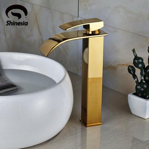 Free Shipping Bathroom Sink Faucet Single Handle Waterfall Spout Basin Mixer Tap Deck Mounted Golden Color