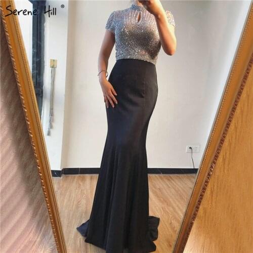 Black High Neck Satin Mermaid Prom Dresses 2019 Beading Crystal Short Sleeves Sexy Prom Gowns Serene Hill DLA70162
