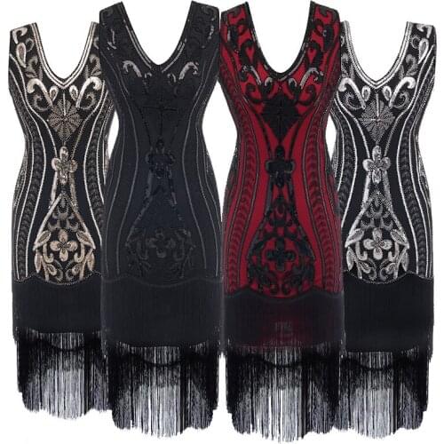 Womens Flapper Dresses 1920s V Neck Beaded Fringed Great Dress