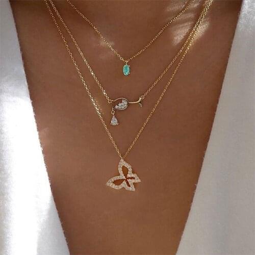 3 Pcs/Set Fashion Necklaces Set Women Gold Color Crystal Butterfly Wine Glass Gems Multilayer Necklace Ladies Wedding Jewelry